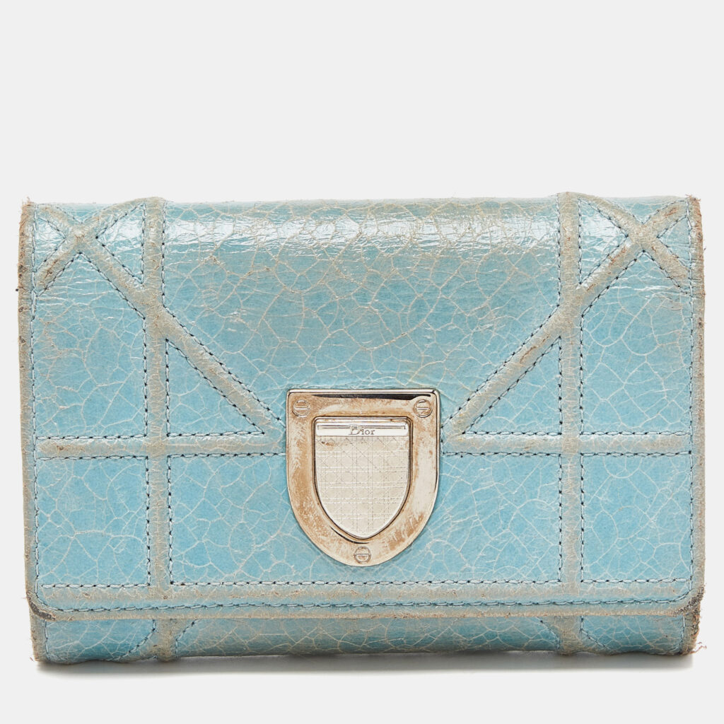 luxury-women-dior-used-handbags-p962959-003 Dior Blue Crinkled Leather Diorama Trifold Wallet