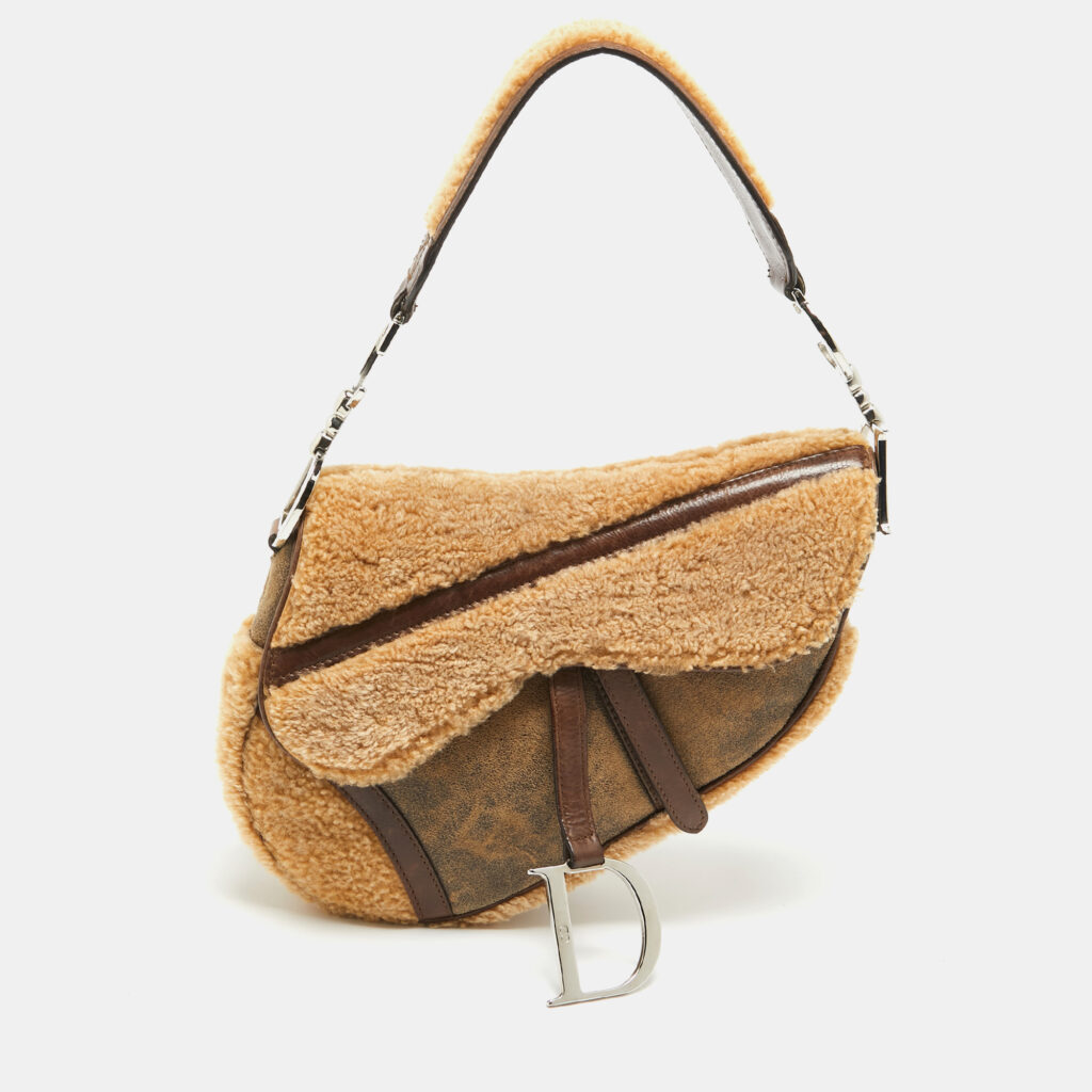 luxury-women-dior-used-handbags-p970496-001 Dior Beige/Brown Shearling and Leather Saddle Bag