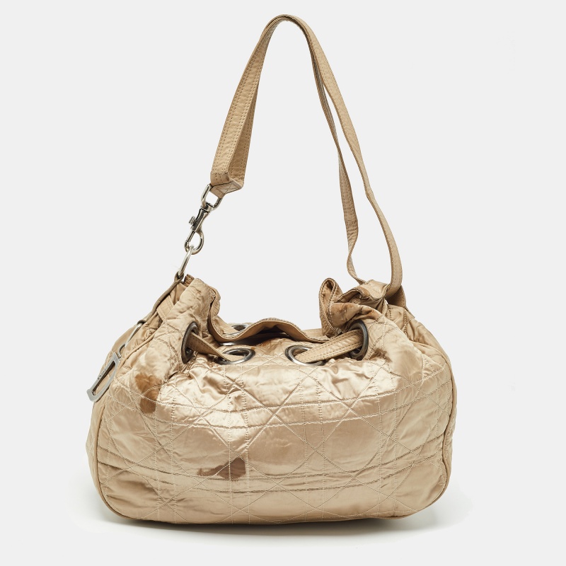 luxury-women-dior-used-handbags-p977027-1715941772-022 Dior Beige Cannage Nylon and Leather Drawstring Bag
