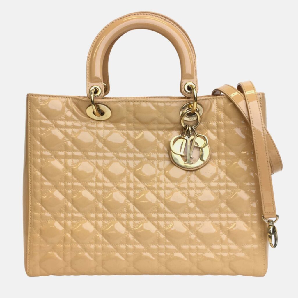 luxury-women-dior-used-handbags-p988092-002 Dior Beige Patent Leather Large Lady Dior Tote Bag