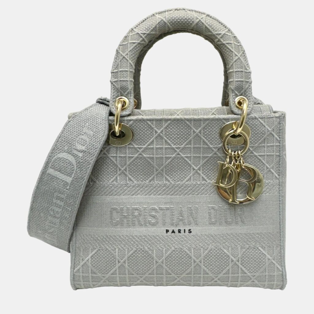 luxury-women-dior-used-handbags-p992045-016 Dior Grey Canvas Medium Cannage Lady D-Lite Tote Bag