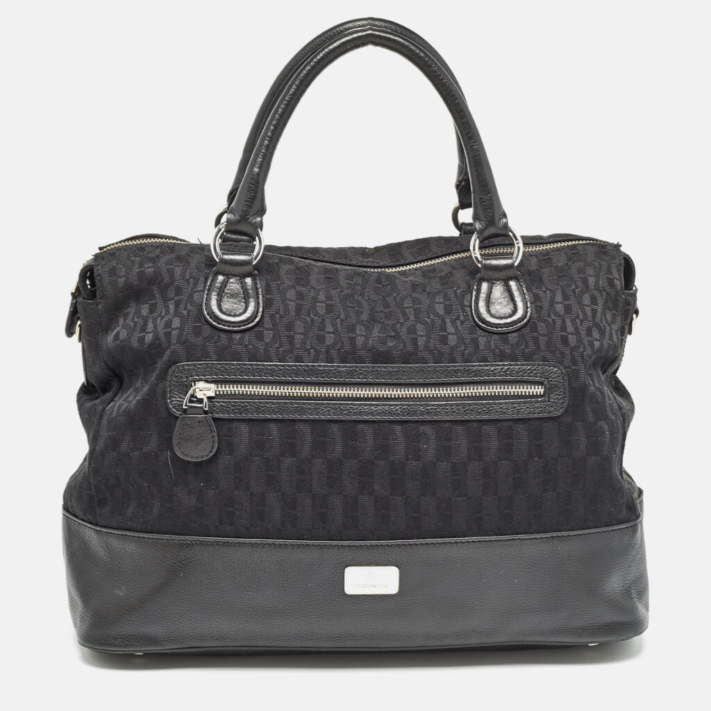 luxury-women-dior-used-handbags-p998491-005 Aigner Black Monogram Canvas and Leather Front Pocket Tote