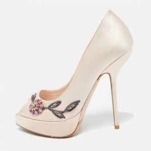 Dior Peach Satin Embellished Peep Toe Platform Pumps Size 38