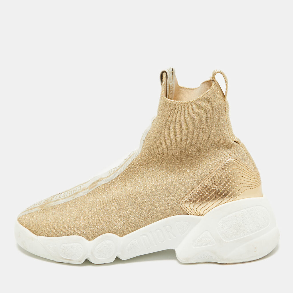 luxury-women-dior-used-shoes-p1046858-001 Dior Gold Glitter Stretch Fabric Sock High Top Sneakers Size 37.5
