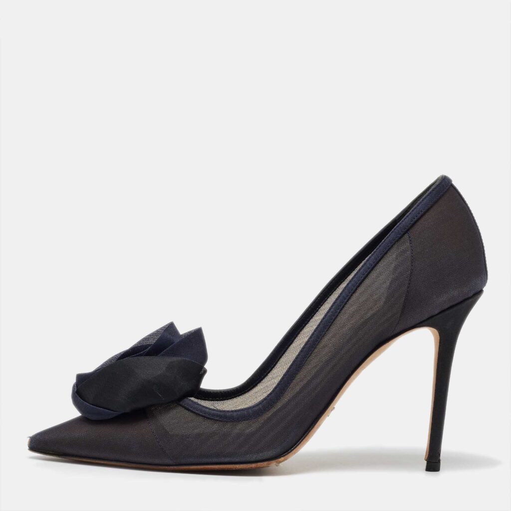 luxury-women-dior-used-shoes-p1073649-003 Dior Navy Blue Mesh and Satin Trim Rosette Pointed Toe Pumps Size 39