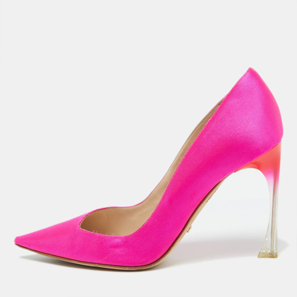 luxury-women-dior-used-shoes-p1074930-001 Dior Fuchsia Pink Canvas Flare Heel Pointed Toe Pumps Size 39