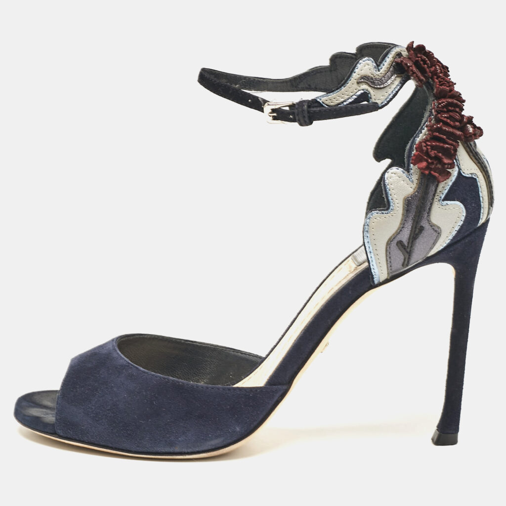 luxury-women-dior-used-shoes-p1084652-007 Dior Navy Blue Suede Ankle Strap Sandals Size 37.5