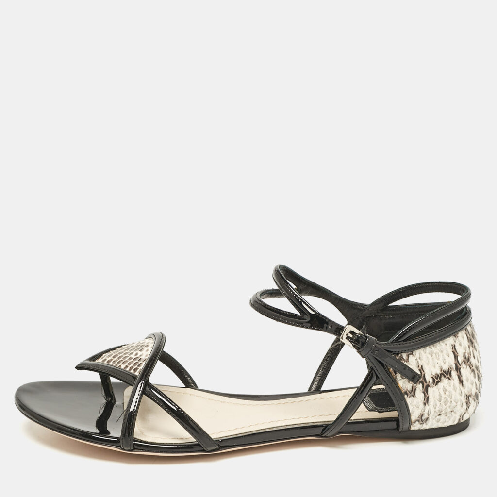 Dior Beige/Black Python and Patent Leather Venus Flat Sandals Size 40