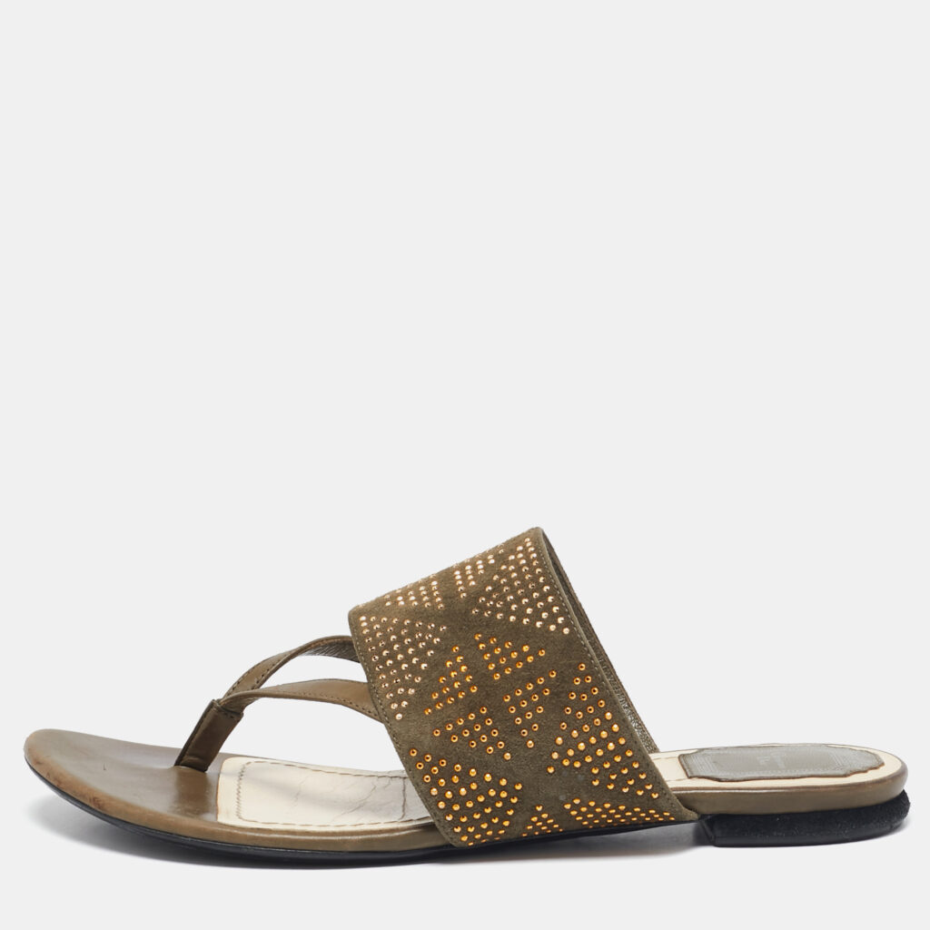 luxury-women-dior-used-shoes-p1099949-001 Dior Green Leather and Suede Embellished Flat Sandals Size 39