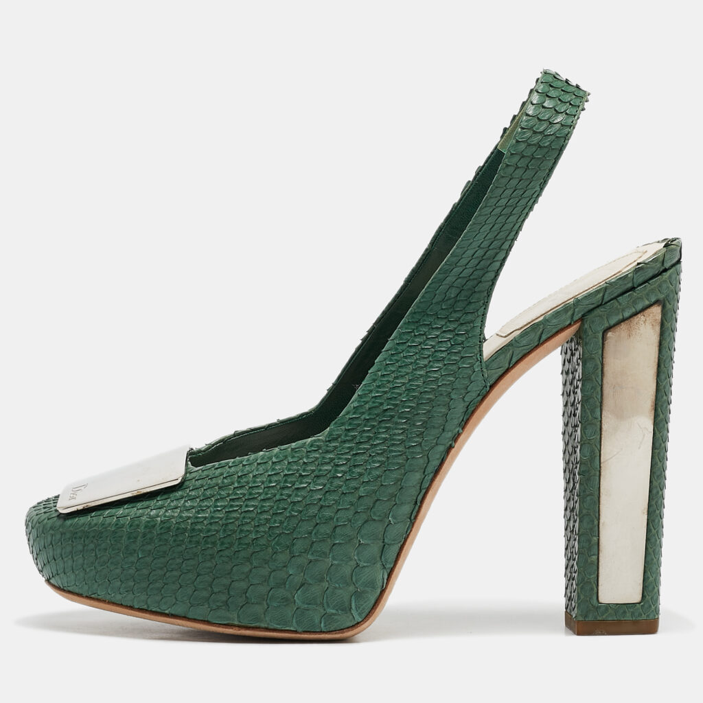 luxury-women-dior-used-shoes-p1103126-002 Dior Green Python Embellished Platform Slingback Pumps Size 39