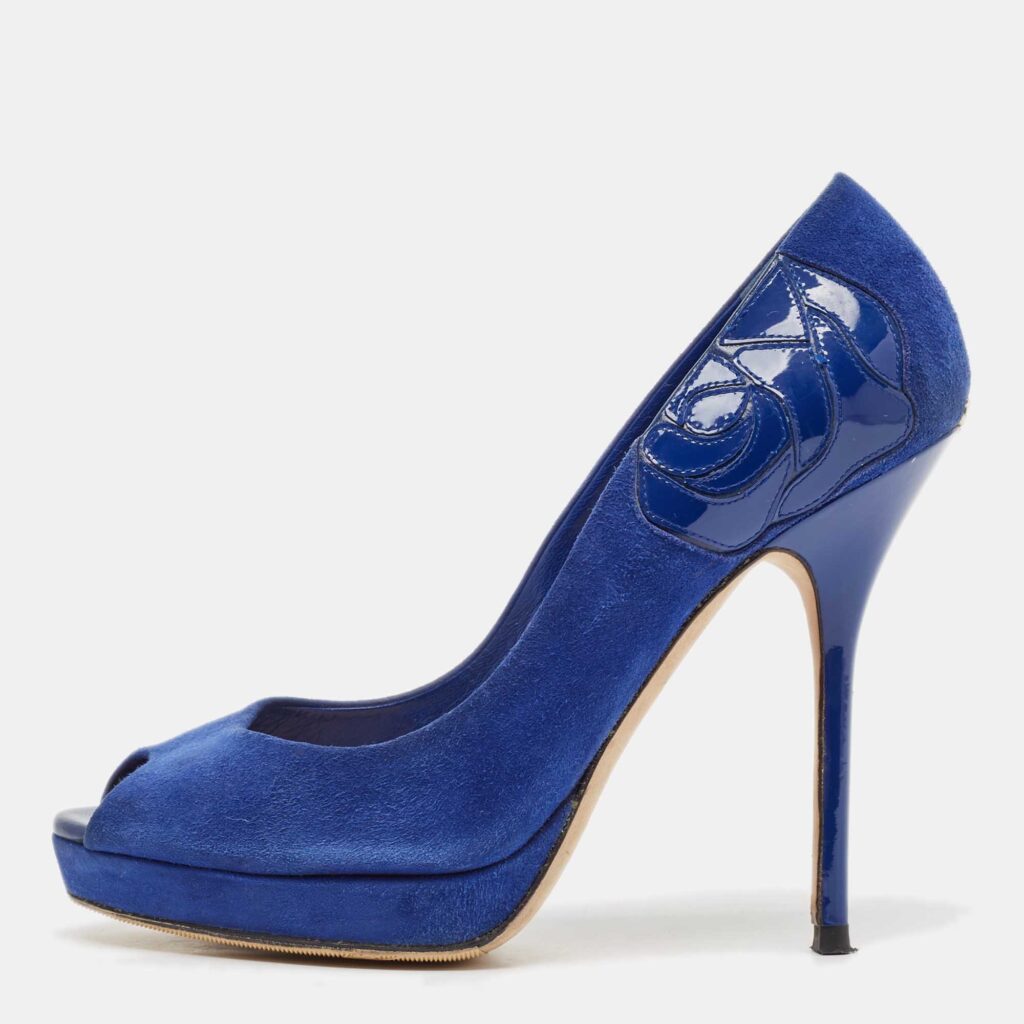 luxury-women-dior-used-shoes-p1103629-002 Dior Blue Suede Miss Dior Peep Toe Pumps Size 36.5