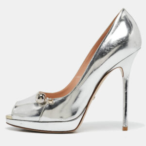 Dior Silver Leather Platform Peep Toe Pumps Size 40