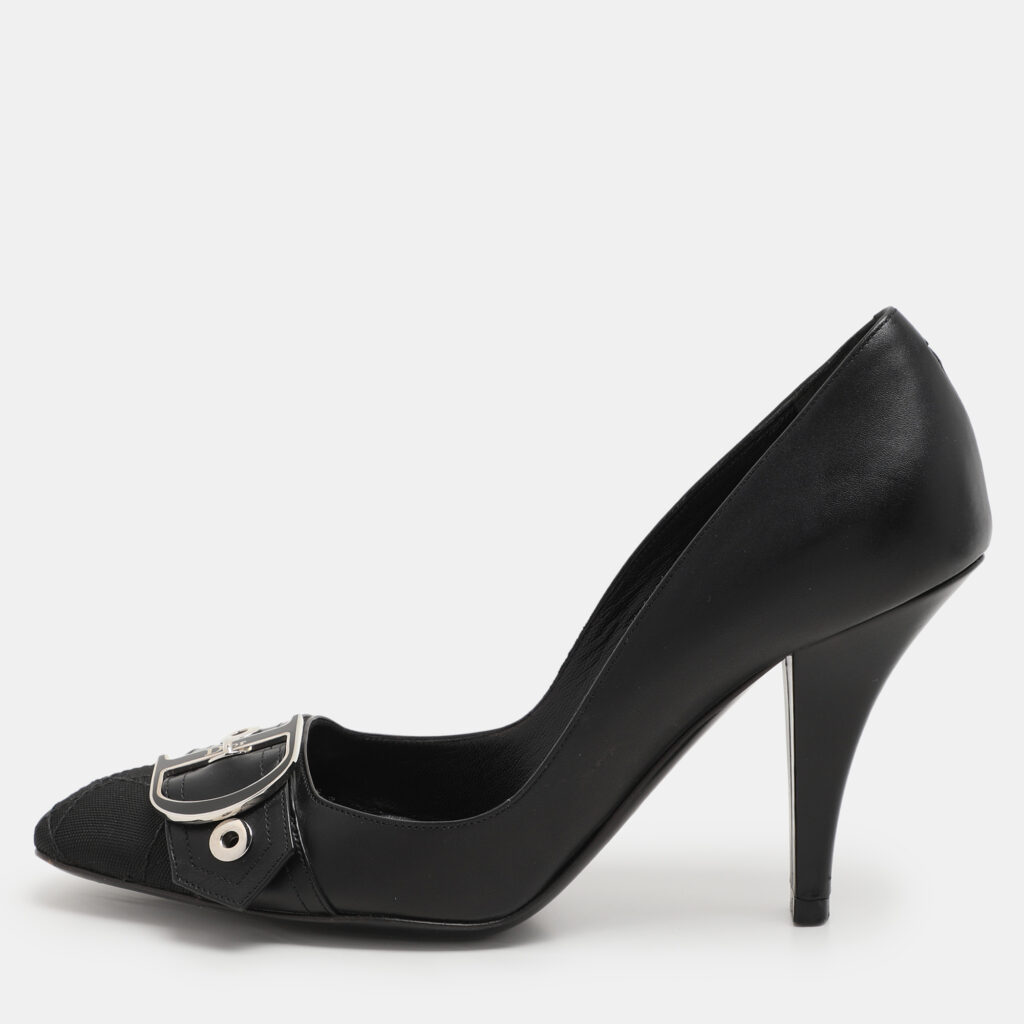 luxury-women-dior-used-shoes-p1110147-001 Dior Black Leather And Cannage Canvas Cap Toe D Buckle Pumps Size 36