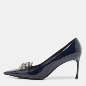Dior Blue Patent Leather Crystal Embellished Pointed Toe Pumps Size 38.5