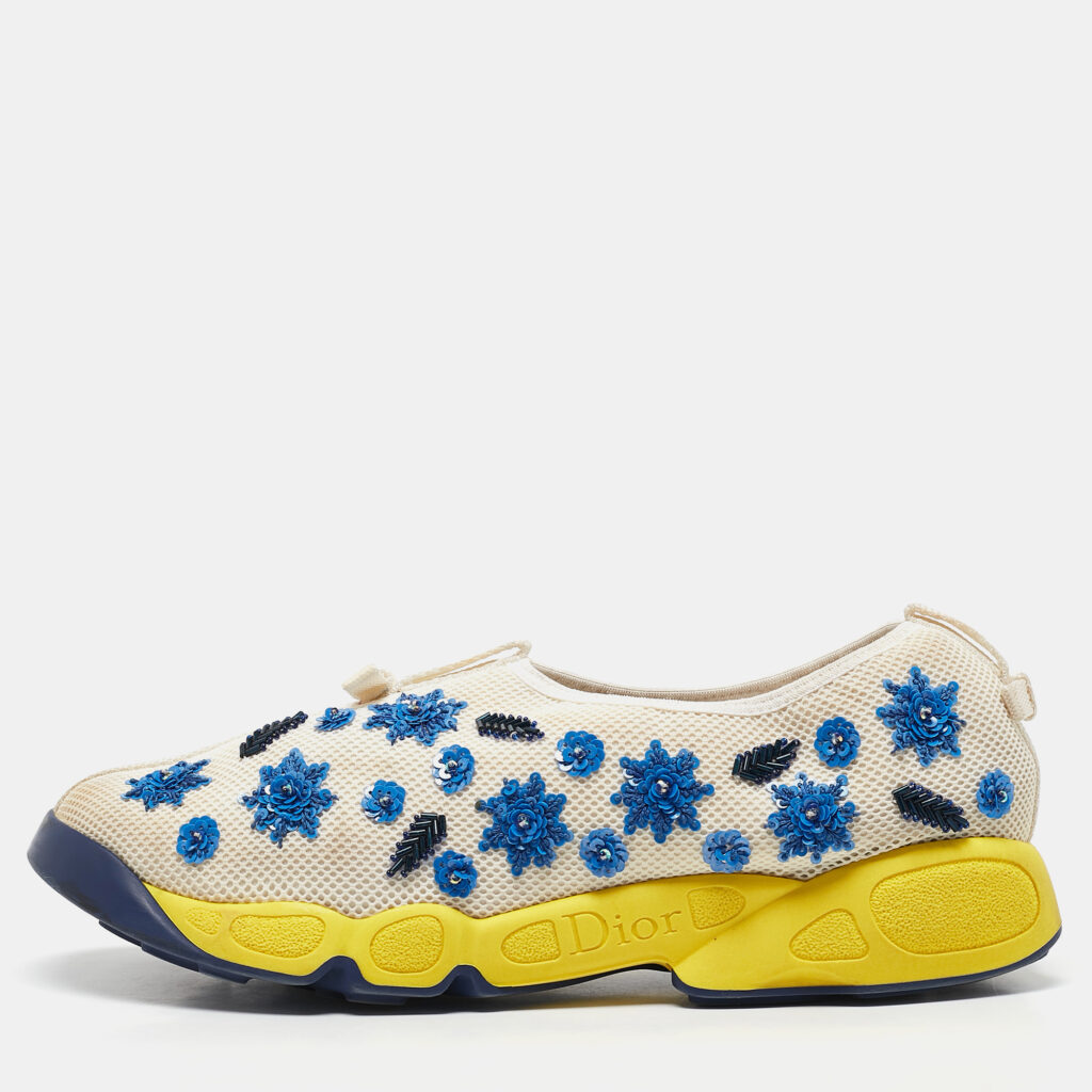 luxury-women-dior-used-shoes-p1120993-005 Dior White/Blue Mesh Embellished Fusion Sneakers Size 41