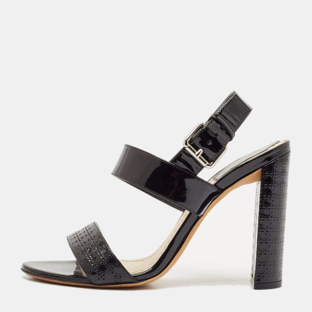 luxury-women-dior-used-shoes-p1121535-003 Dior Black Cannage Quilted Patent Leather Ankle Strap Sandals Size 36