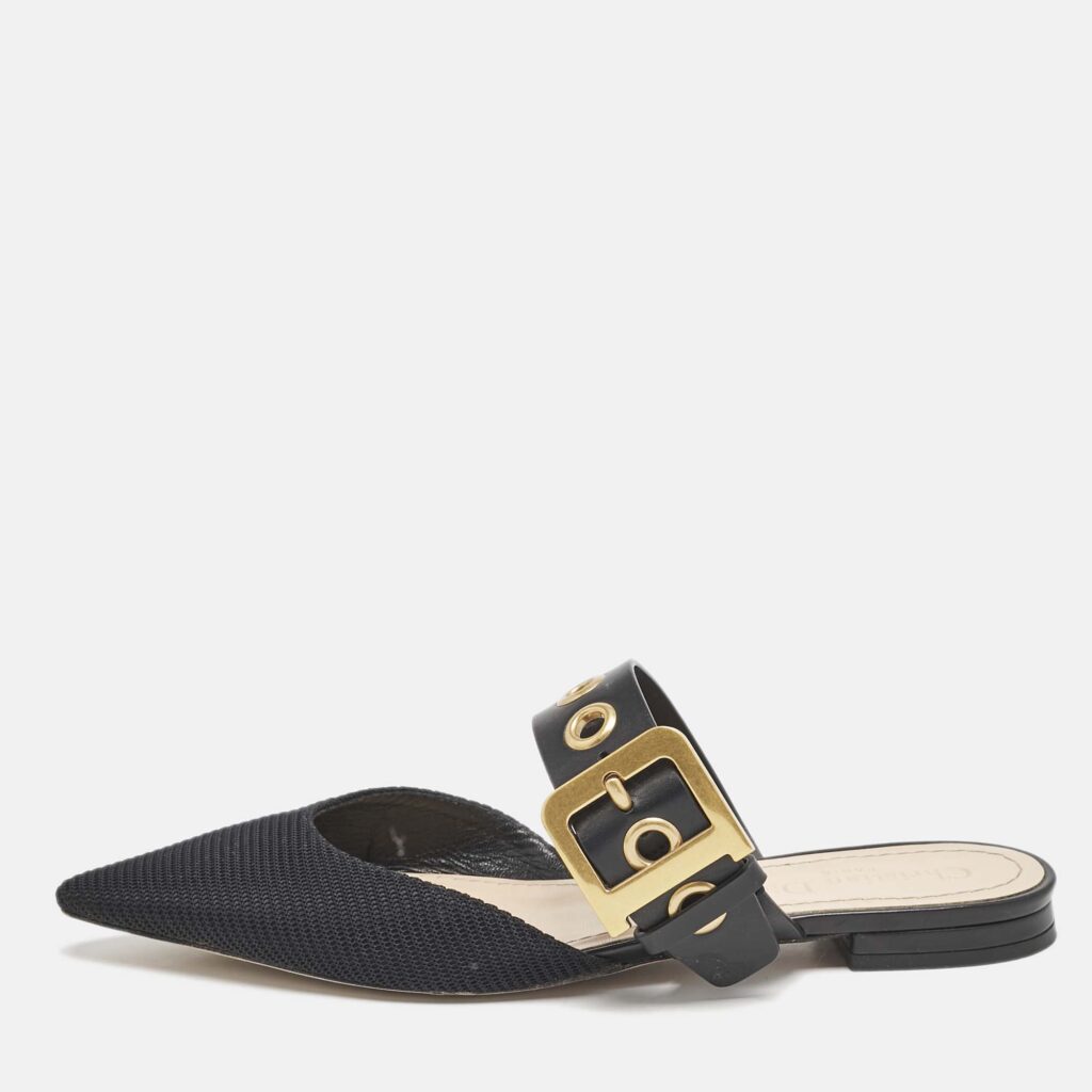luxury-women-dior-used-shoes-p1125127-003 Dior Black Technical Fabric and Leather D-Dior Flat Mules Size 37