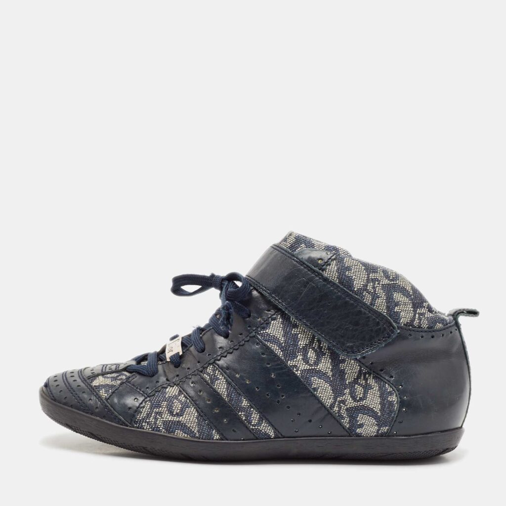 luxury-women-dior-used-shoes-p1129773-003 Dior Blue/Grey Oblique Canvas and Leather High Top Sneakers Size 37.5