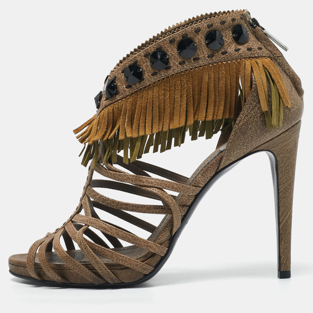 luxury-women-dior-used-shoes-p1131580-009 Dior Beige Leather and Suede Fringe Ankle Strap Sandals Size 40