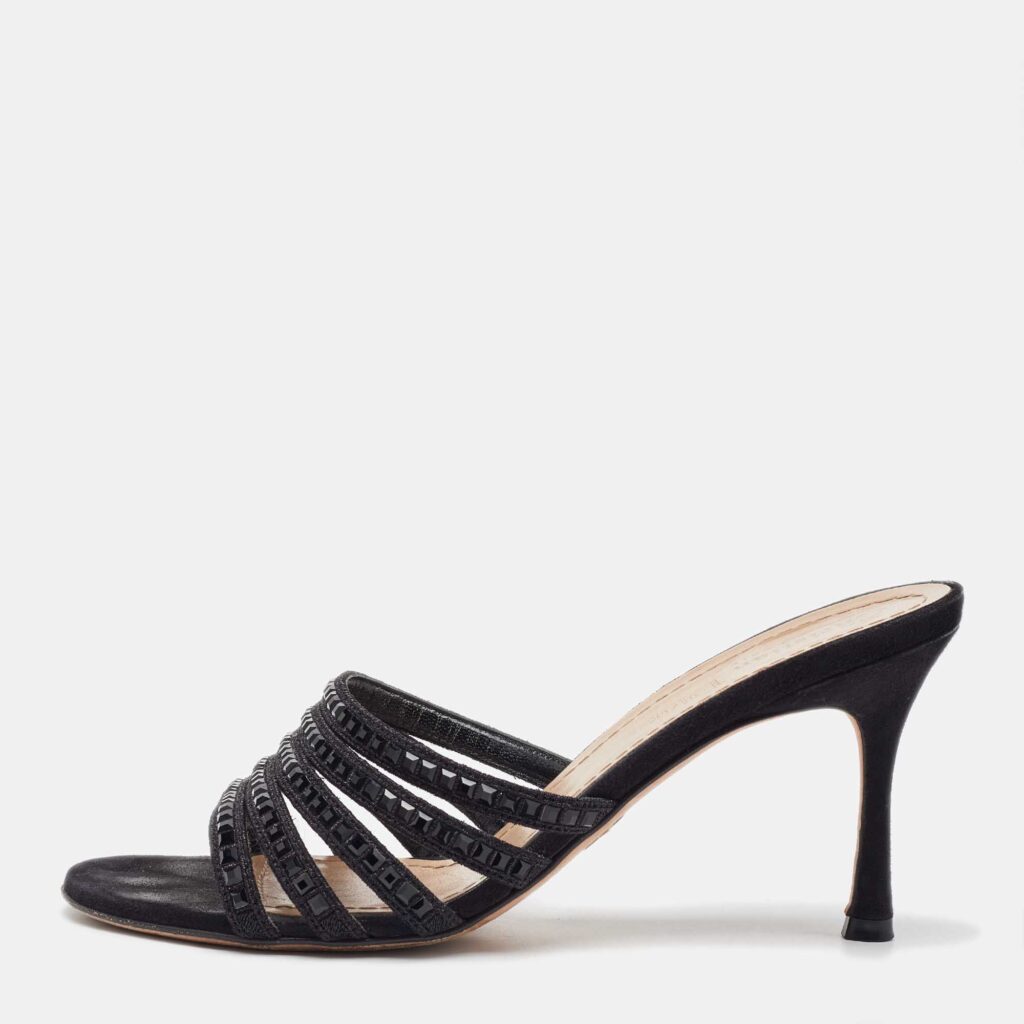 Dior Black Suede Crystal Embellished Slide Sandals Size 37