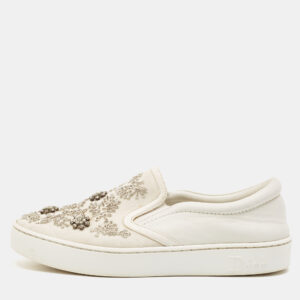 Dior White Denim And Leather Happy Crystal Embellished Slip On Sneakers Size 37