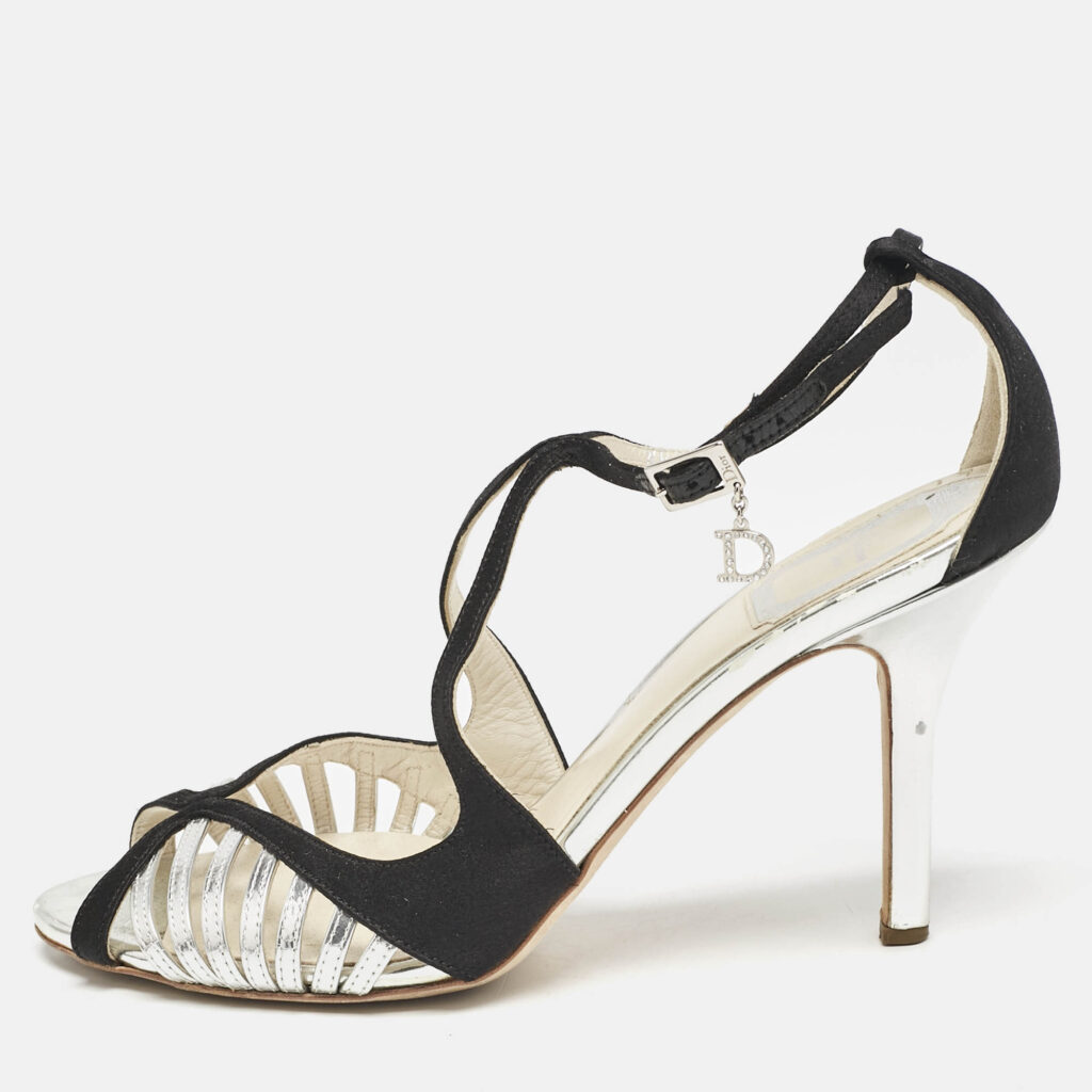 luxury-women-dior-used-shoes-p1138437-010 Dior Black/Silver Satin and Leather Strappy Ankle Strap Sandals Size 37.5