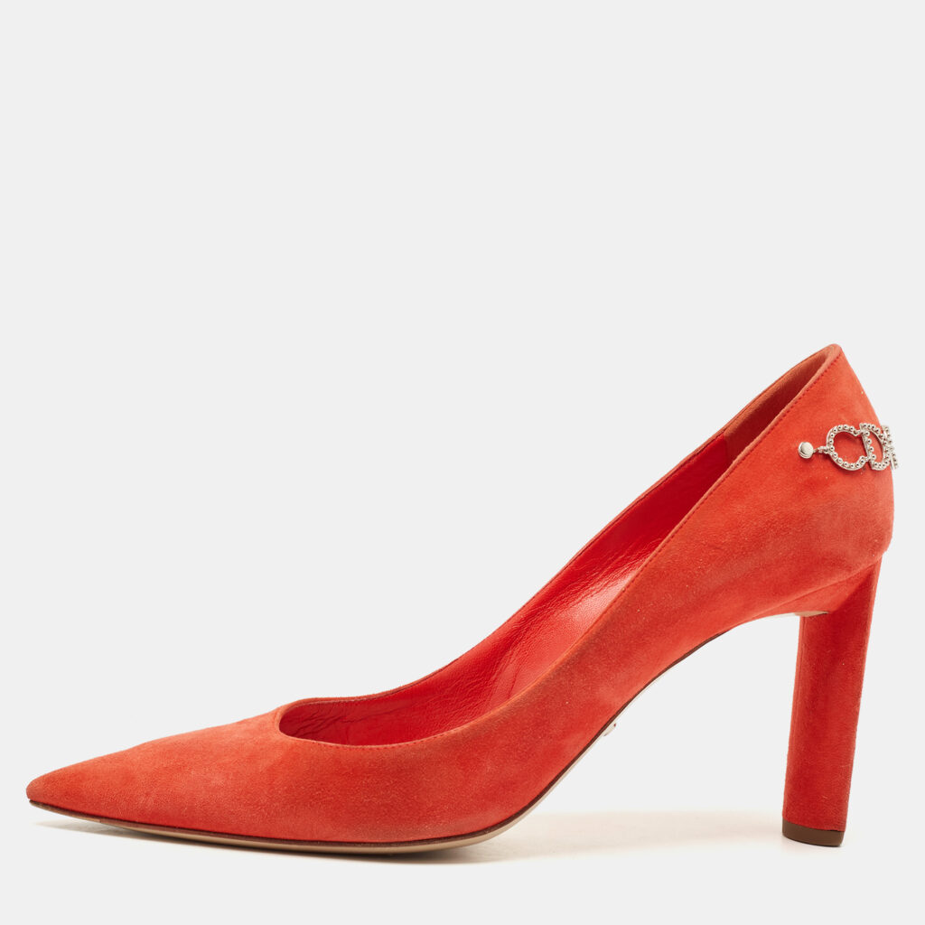 luxury-women-dior-used-shoes-p1138985-001 Dior Orange Suede Crystal Embellished Block Heel Pumps Size 40.5