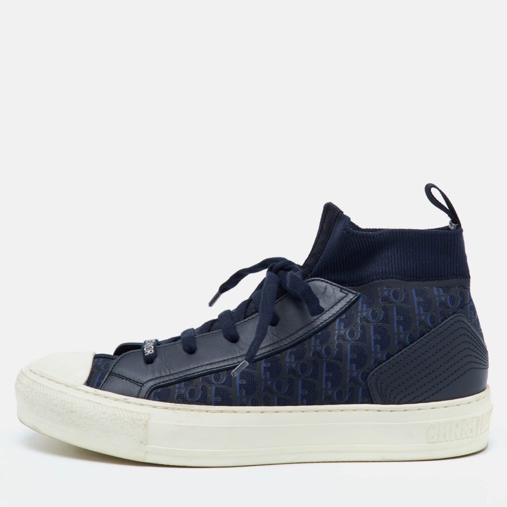luxury-women-dior-used-shoes-p1141573-010 Dior Navy Blue Knit Fabric and Leather Walk'n'Dior Mid Sneakers Size 39