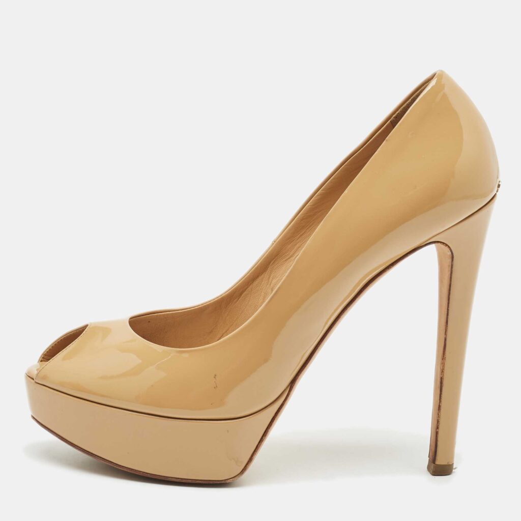 Dior Beige Patent Leather Miss Dior Peep Toe Platform Pumps Size 40
