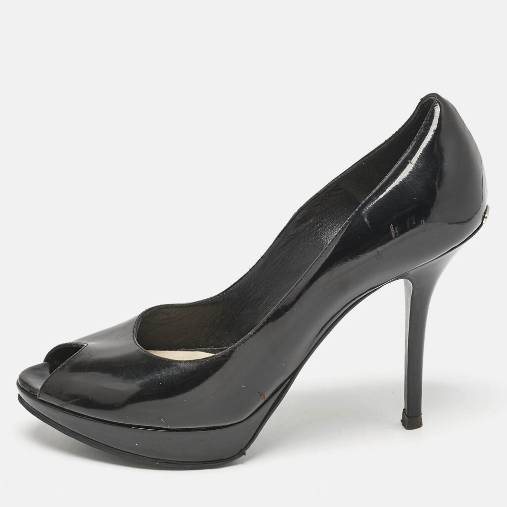 luxury-women-dior-used-shoes-p1144722-010 Dior Black Patent Leather Miss Dior Peep Toe Platform Pumps Size 39.5
