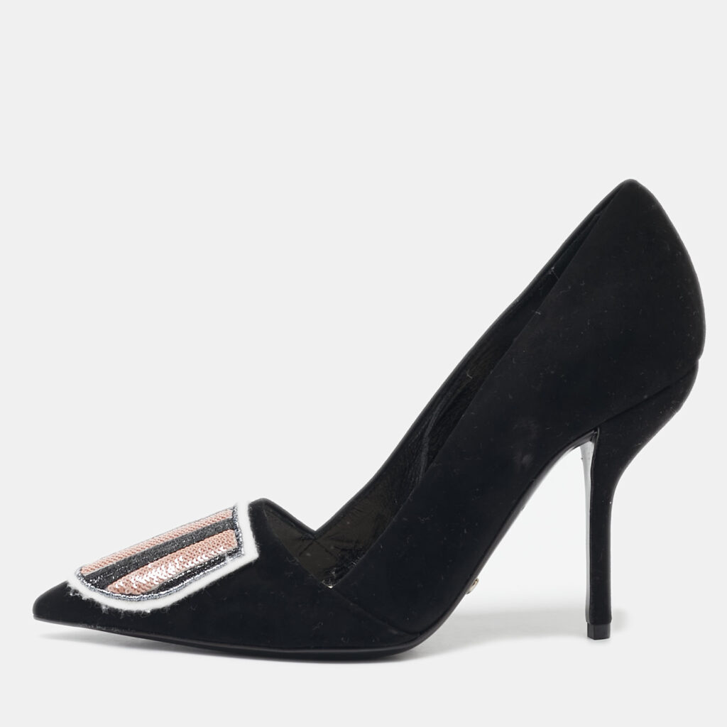 luxury-women-dior-used-shoes-p1144970-001 Dior Black Suede Sequins Crest Pumps Size 35