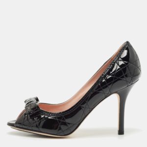dior black cannage patent leather bow peep toe pumps size 36.5