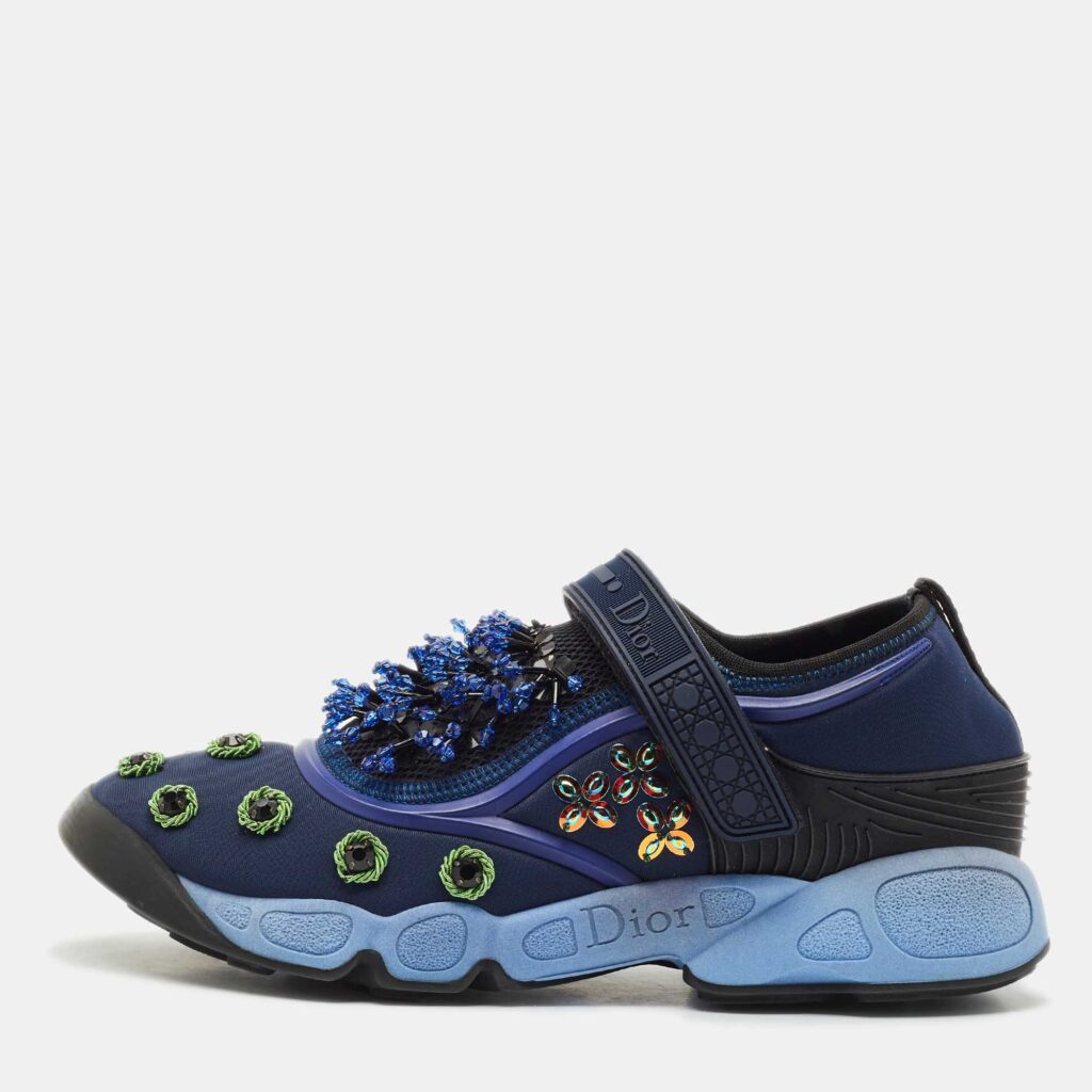 luxury-women-dior-used-shoes-p1146344-002 Dior Navy Blue Mesh and Nylon Fusion Floral Embellished Slip On Sneakers Size 37