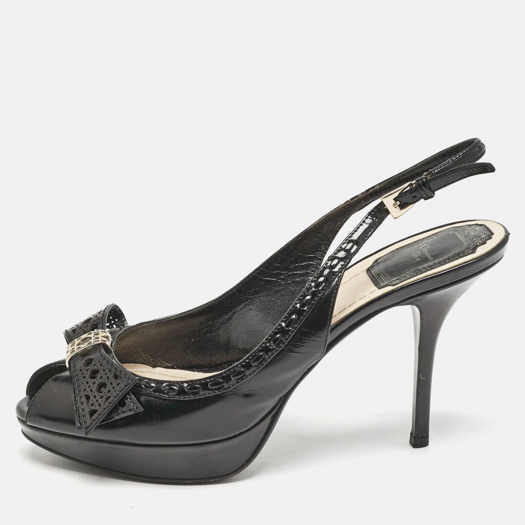 luxury-women-dior-used-shoes-p1149267-010.jpg Dior Black Patent Leather Cannage Bow Detail 'Butterfly' Slingback Pumps Size 37