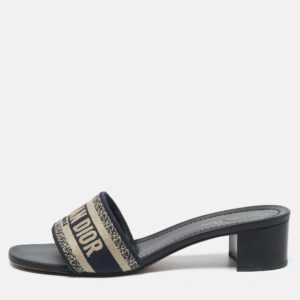 Dior Navy Blue Embroidered Canvas Dway Block Heel Slide Sandals Size 41.5