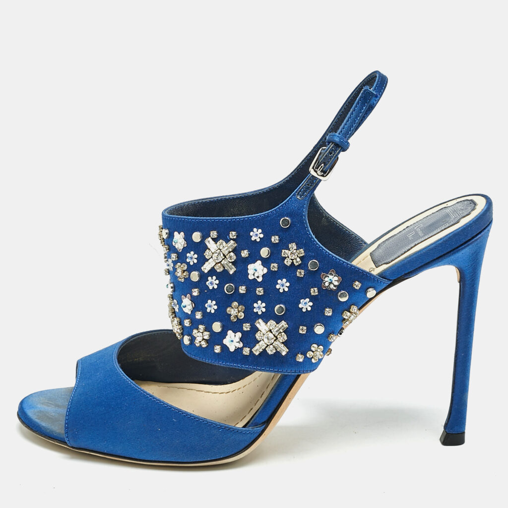 luxury-women-dior-used-shoes-p1153777-004 Dior Blue Satin Embellished Slingback Sandals Size 41