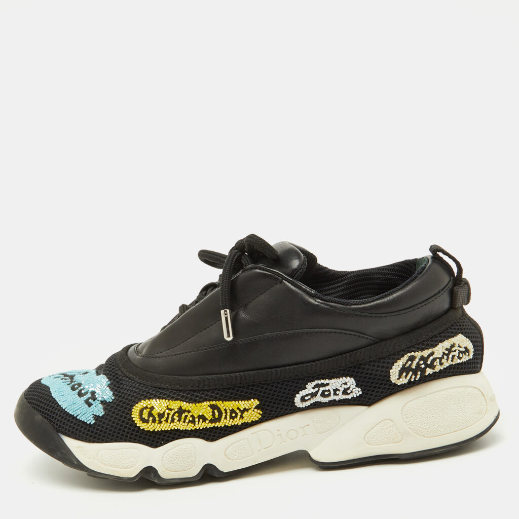 luxury-women-dior-used-shoes-p1153792-003 Dior Black Leather and Mesh Fusion Lace Up Sneakers Size 39.5