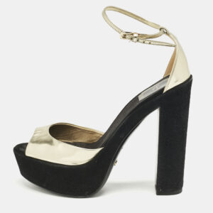 Dior Gold Leather and Suede Block Heel Ankle Strap Sandals Size 37.5