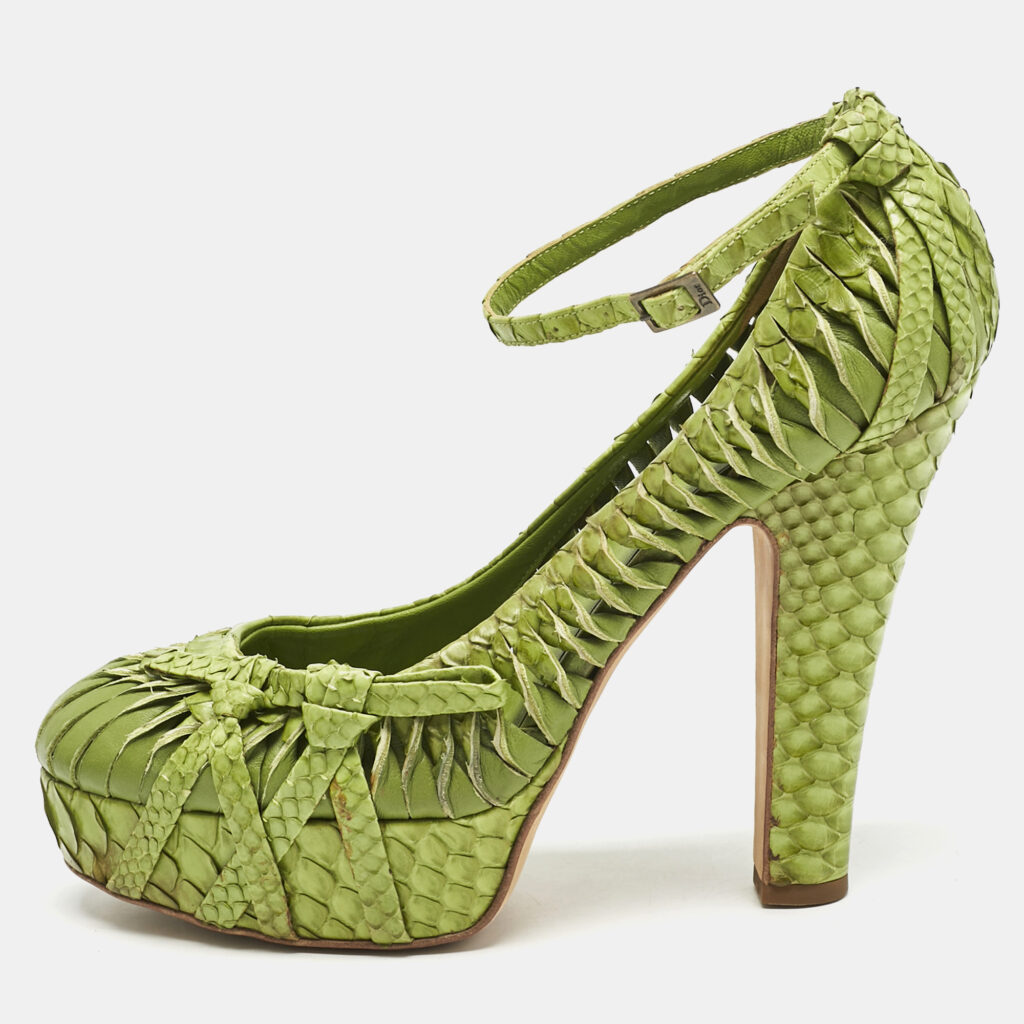 luxury-women-dior-used-shoes-p1154395-001 Dior Green Python Leather Knot Detail Ankle Strap Platform Pumps Size 38.5