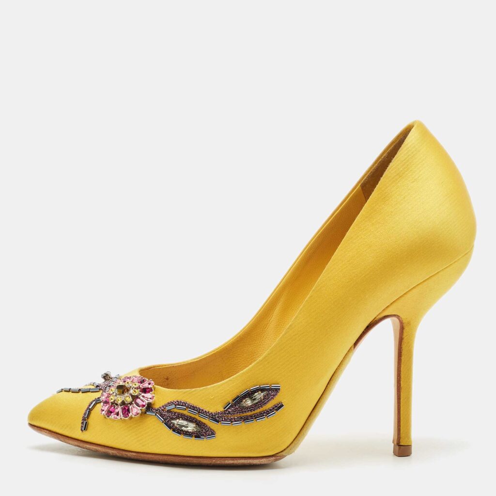 luxury-women-dior-used-shoes-p1155291-003 Dior Yellow Satin Embellished Pointed Toe Pumps Size 38