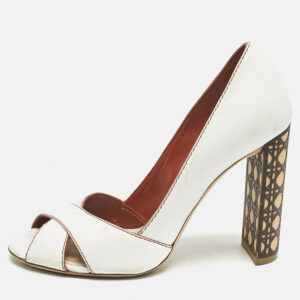 Dior White Leather Criss Cross Cannage Woodden Heel Open Toe Pumps Size 37.5