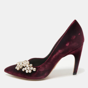Dior Burgundy Velvet Crystals Embellished Pumps Size 38