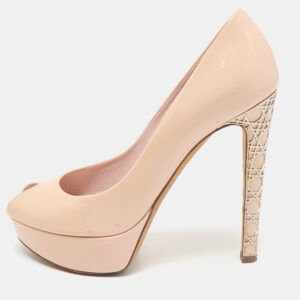 Dior Light Pink Patent Leather Metal Cannage Peep Toe Platform Pumps Size 38.5