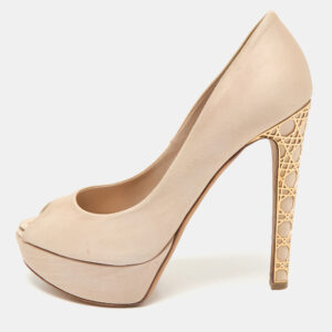Dior Light Beige Satin Metal Cannage Peep Toe Platform Pumps Size 38.5