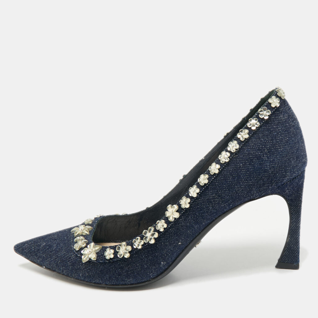 luxury-women-dior-used-shoes-p1158212-001 Dior Navy Blue Denim Crystal Embellished Garland Pointed Toe Pumps Size 38.5