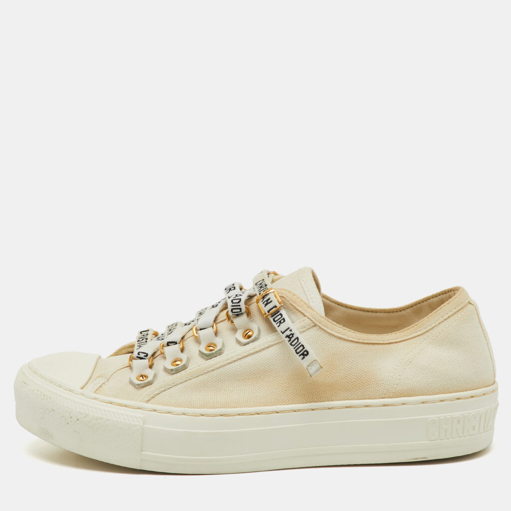 luxury-women-dior-used-shoes-p1159643-009 Dior Cream Canvas Walk'n'Dior Low Top Sneakers Size 36.5