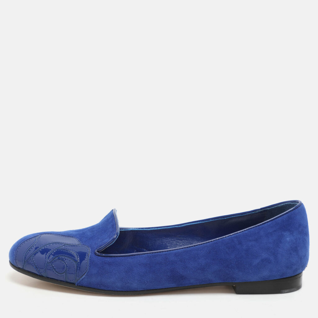 luxury-women-dior-used-shoes-p1160107-004 Dior Blue Patent Leather and Suede Rose Smoking Slippers Size 36