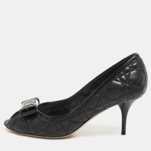 dior black quilted cannage leather bow detail peep tow pumps size 36