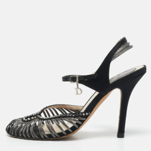 Dior Grey/Black Leather and Satin Crystal Embellished Strappy Sandals Size 37
