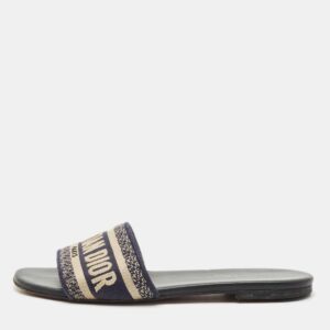 Dior Black/White Embroidered Canvas Dway Flats Slides Size 36.5